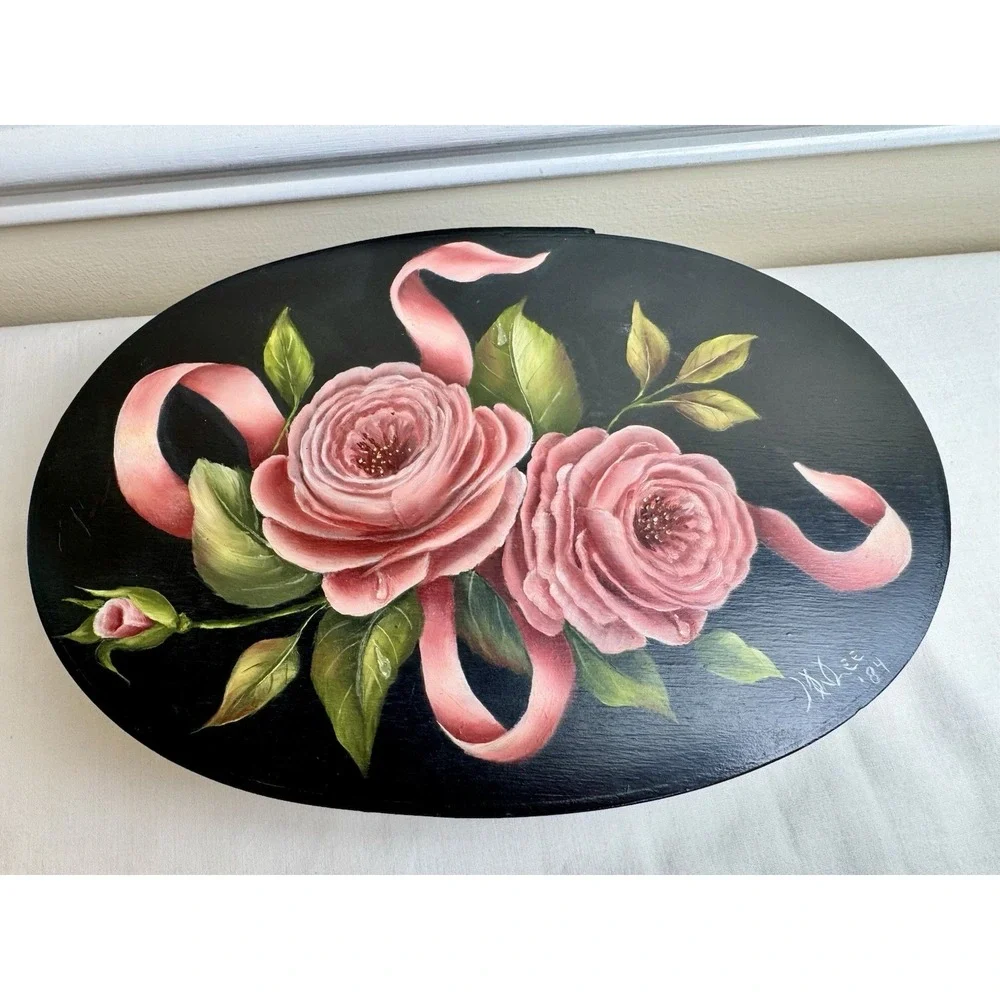 Vintage Hand Painted Roses Floral Oval Wood Jewelry Box 80s Cottagecore Keepsake